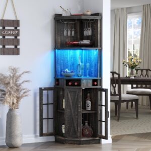 dwvo corner bar cabinet with glass door & led lights, 72" tall farmhouse liquor cabinet bar with glass & wine holder, 6-tiers alcohol cabinet for dining room, living room, kitchen, dark rustic oak