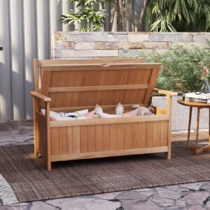 Tangkula 48 Inch Patio Storage Bench, Wood Storage Loveseat with 34.2 Gal Inner Space, Entryway Large Deck Box w/Slatted Backrest, Wooden Storage Seat for Backyard, Garden