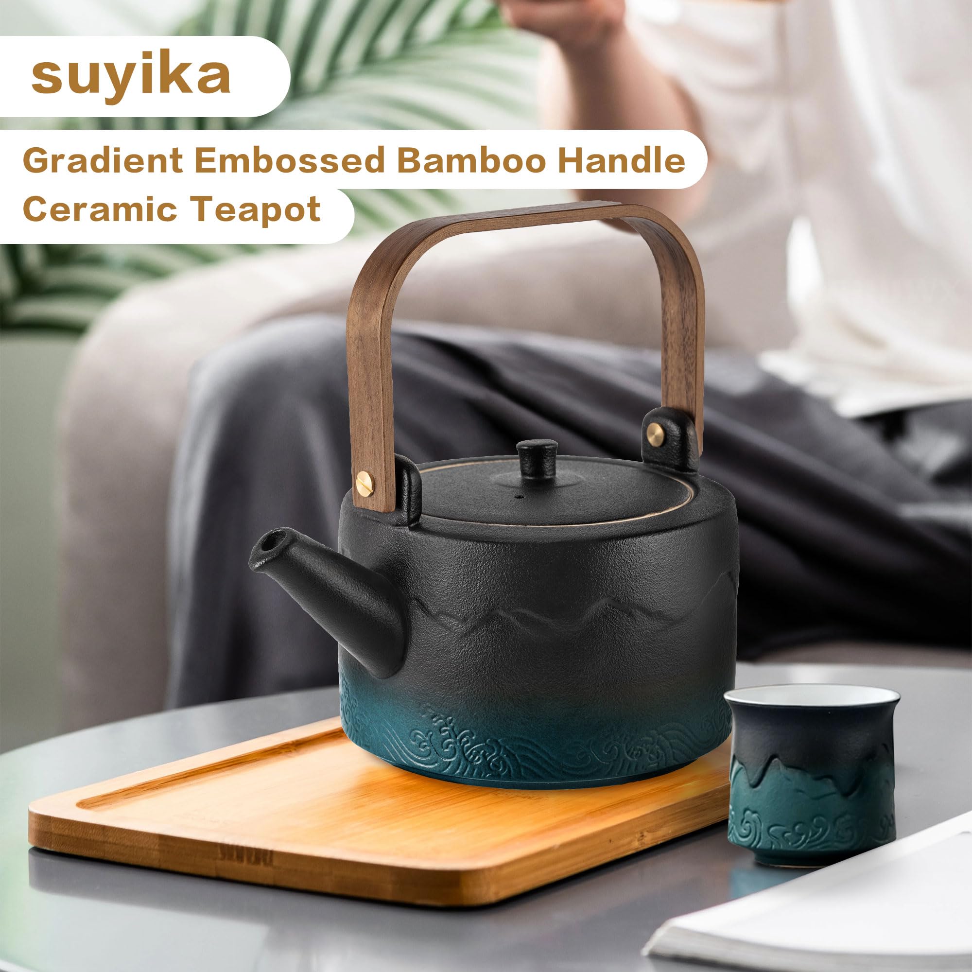 suyika Ceramic Teapot with Bamboo handle Removable Infuser for Flower and Loose Tea, 750ml/25.3oz Black Green