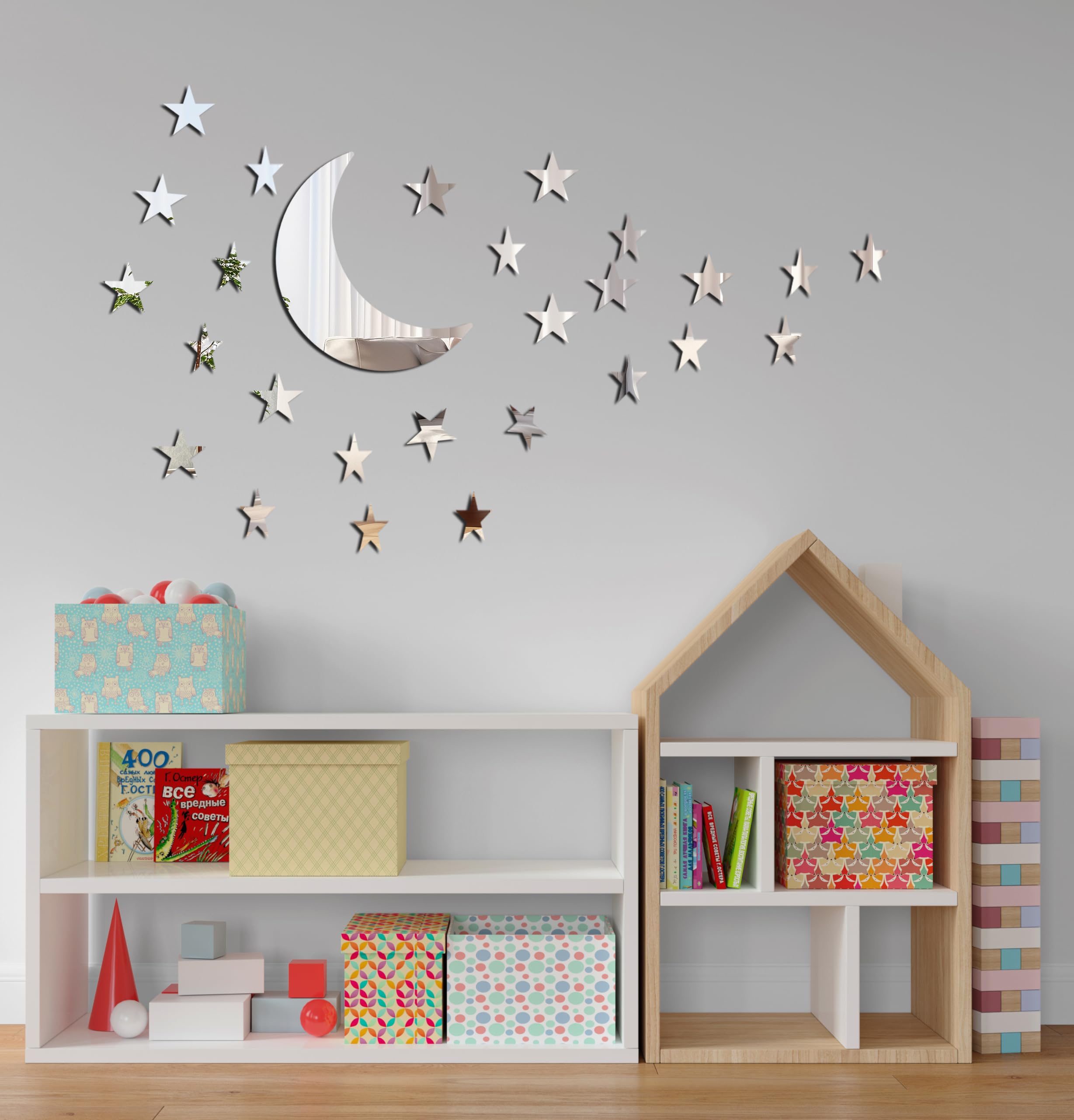 Stars Moon Acrylic Mirror Wall Stickers 3 Sizes Stars Stickers with Adhesive Art Decal 3D Wall Decorations for Baby Kids Bedroom Home DIY Decor