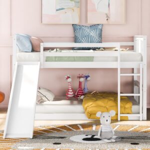 Montessori Floor Bunk Bed Twin Over Twin, Twin Bunk Bed with Slide and Ladder, Kids Bunk Beds with Guardrail Headboard and Footboard, Low Bunk Beds for Kids, Boys, Girls, Twin Bunk Bed White