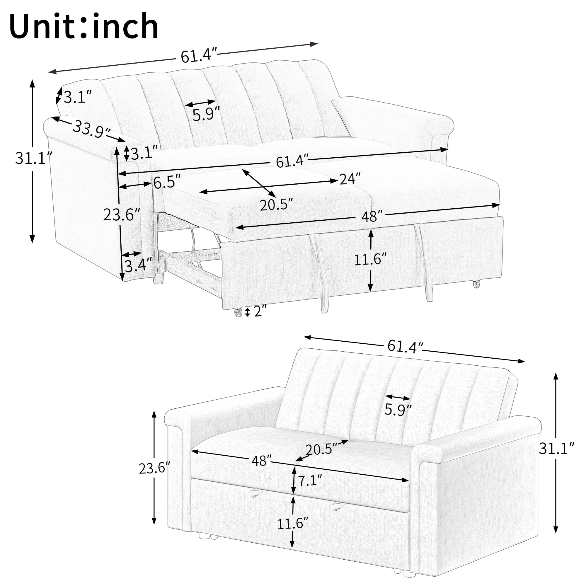 Merax 61.4" Loveseat Sofa Couch with Pull Out Bed, 3 in 1 Convertible Velvet Sleeper Sofa Bed with Adjustable Backrest for Apartment, Office, Living Room (Beige)