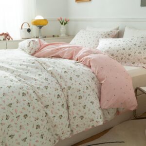 EAVD Vintage Style Garden Pink Floral Duvet Cover Set 1 Queen Duvet Cover + 2 Matching Pillowcases+ 1 Queen Bed Fitted Sheet Soft Cotton Bedding Set