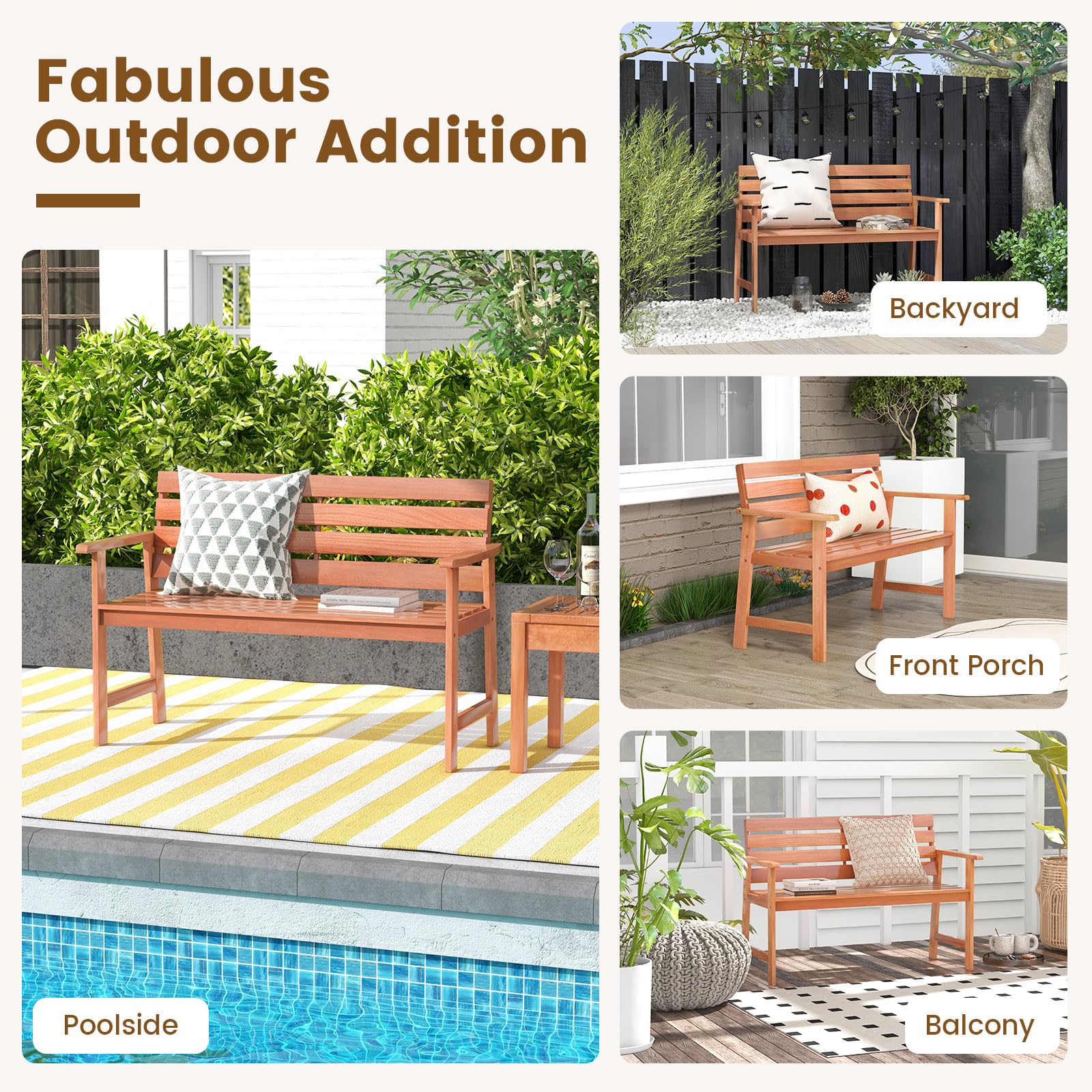 Tangkula 48 Inch Hardwood Patio Bench, Wood 2-Seat Chair with Breathable Slatted Seat & Inclined Backrest, Ergonomic Outdoor Loveseat for Backyard, Balcony, Garden