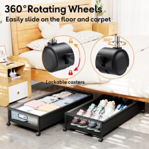 Under Bed Storage Containers with Wheels 2 Pack Underbed Shoe Storage Bedroom Storage Bins Organizer Large Capacity Under Bed Storage with Lid for Clothes Shoes Toys Blankets (Black)