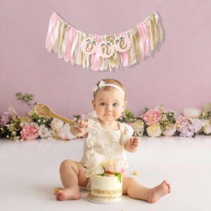 Pink Golden Floral High Chair Banner - Rose 1st Birthday Highchair Banner, Girls’ 1st Birthday Decoration, Pink First Birthday Decor, One High Chair Banner, 1st Birthday Party Decorations for Girls,