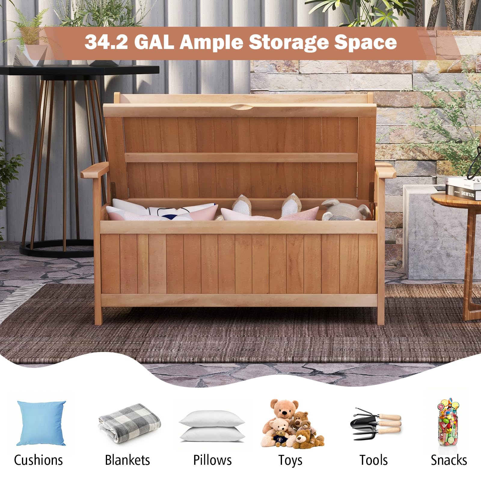 Tangkula 48 Inch Patio Storage Bench, Wood Storage Loveseat with 34.2 Gal Inner Space, Entryway Large Deck Box w/Slatted Backrest, Wooden Storage Seat for Backyard, Garden