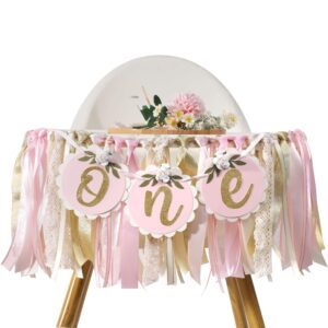 pink golden floral high chair banner - rose 1st birthday highchair banner, girls’ 1st birthday decoration, pink first birthday decor, one high chair banner, 1st birthday party decorations for girls,