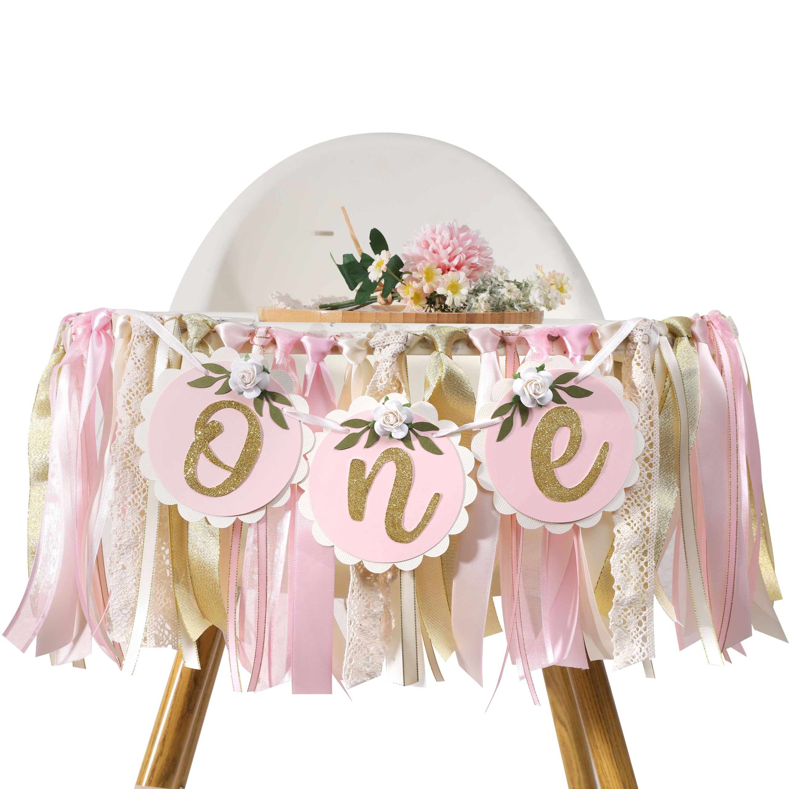 Pink Golden Floral High Chair Banner - Rose 1st Birthday Highchair Banner, Girls’ 1st Birthday Decoration, Pink First Birthday Decor, One High Chair Banner, 1st Birthday Party Decorations for Girls,