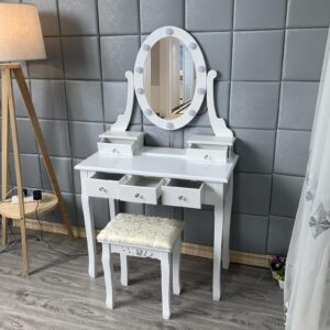 JoanKaren Vanity Desk, Vanity Mirror with Lights and Table Set with 5 Drawers, Wood Makeup Dressing Table with Oval Mirror & Stool,3 Lighting Modes Brightness Adjustable for Bedroom Women Girls,White