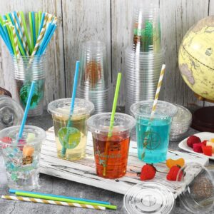 Sliner 60 Pcs Adventure Awaits Party Cups 12 oz Voyage Party Tableware Plastic Cups with Lids and Paper Straws for World Travel Themed Birthday Graduation Baby Shower Party Supplies 60 Guests