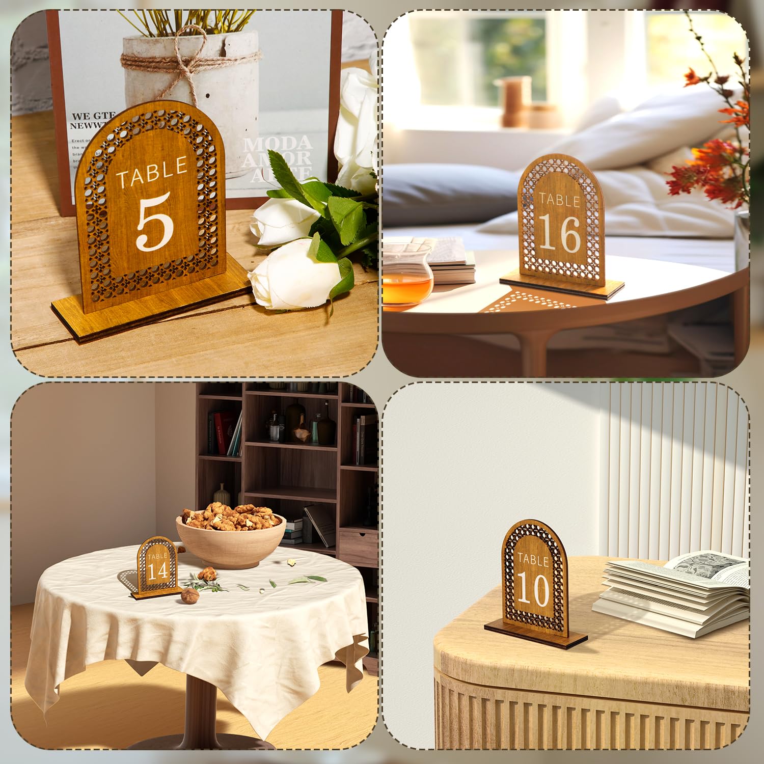 20pcs Wooden Table Numbers, Rattan Arch Table Numbers 1-20 Wedding Reception Table Numbers with Stands for Wedding Banquet Restaurant Party Decor