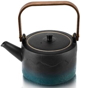 suyika ceramic teapot with bamboo handle removable infuser for flower and loose tea, 750ml/25.3oz black green