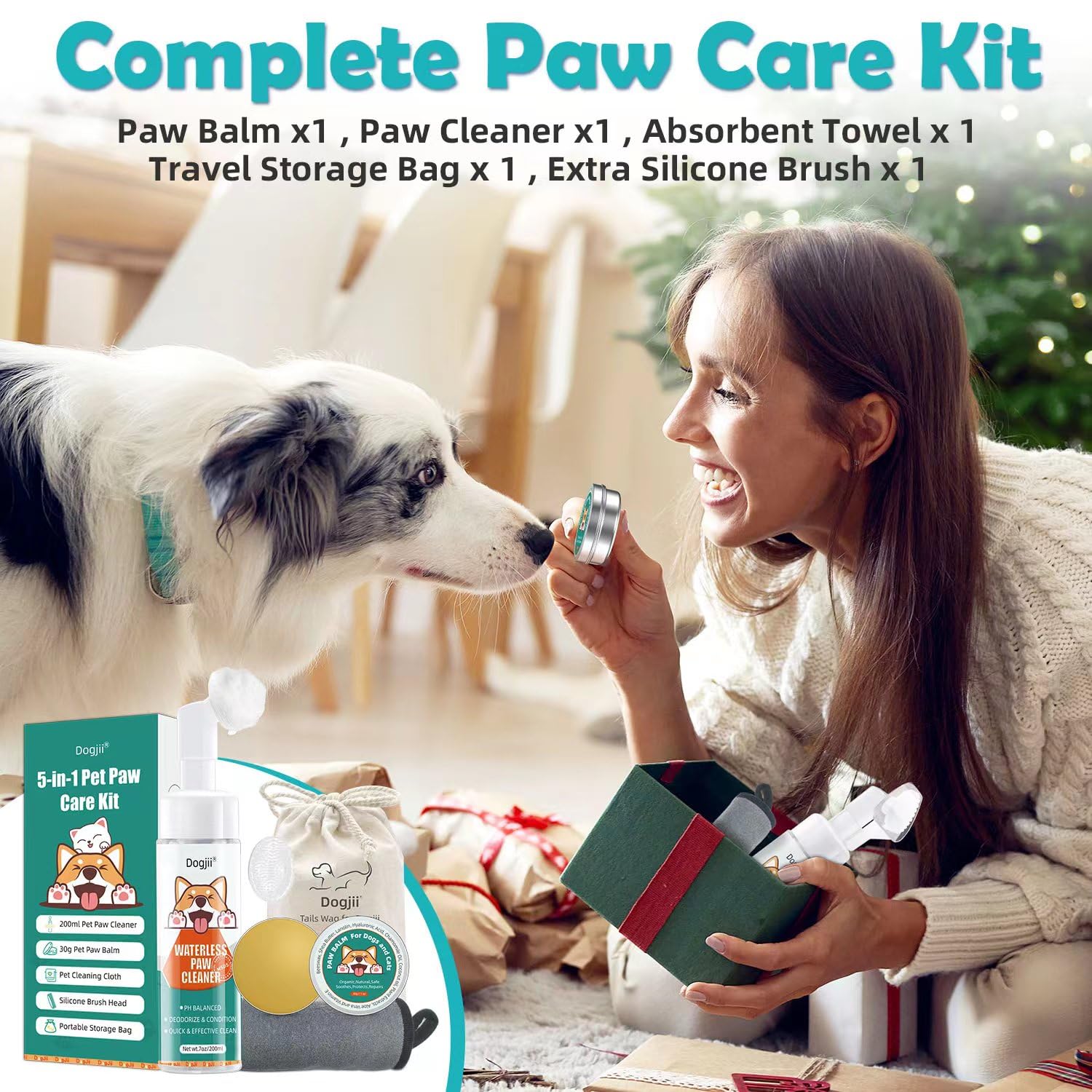 Dog Paw Care Kit | No-Rinse Paw Cleaner for Dogs & Cats (7 Fl Oz)| Paw Balm for Heal Dry Cracked Paws & Nose | Safe & Natural Foaming Feet Cleaner with Silicone Brush Dogs