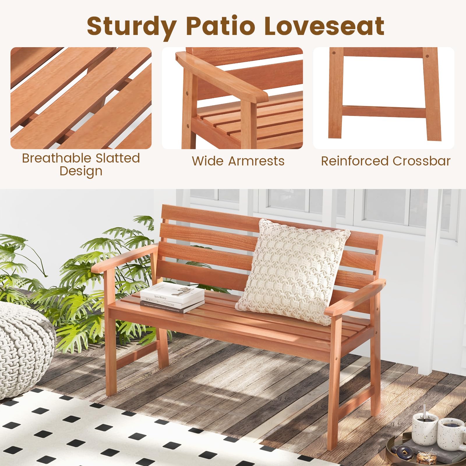 Tangkula 48 Inch Hardwood Patio Bench, Wood 2-Seat Chair with Breathable Slatted Seat & Inclined Backrest, Ergonomic Outdoor Loveseat for Backyard, Balcony, Garden