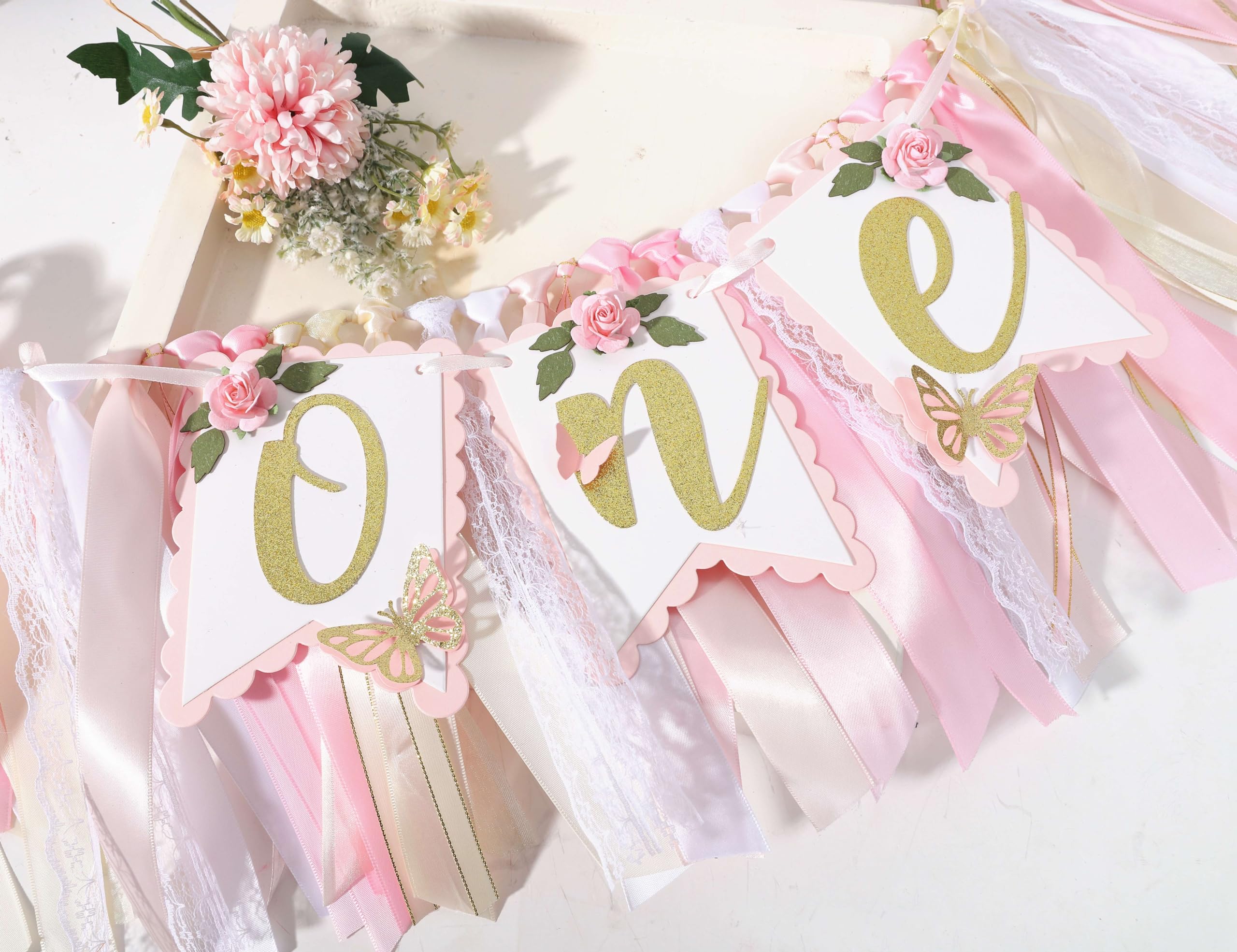 Pink and Gold High Chair Banner- Floral and Butterfly One Highchair Banner, 1st Birthday Party Decoration for Girls, Pink 1st Birthday Decor