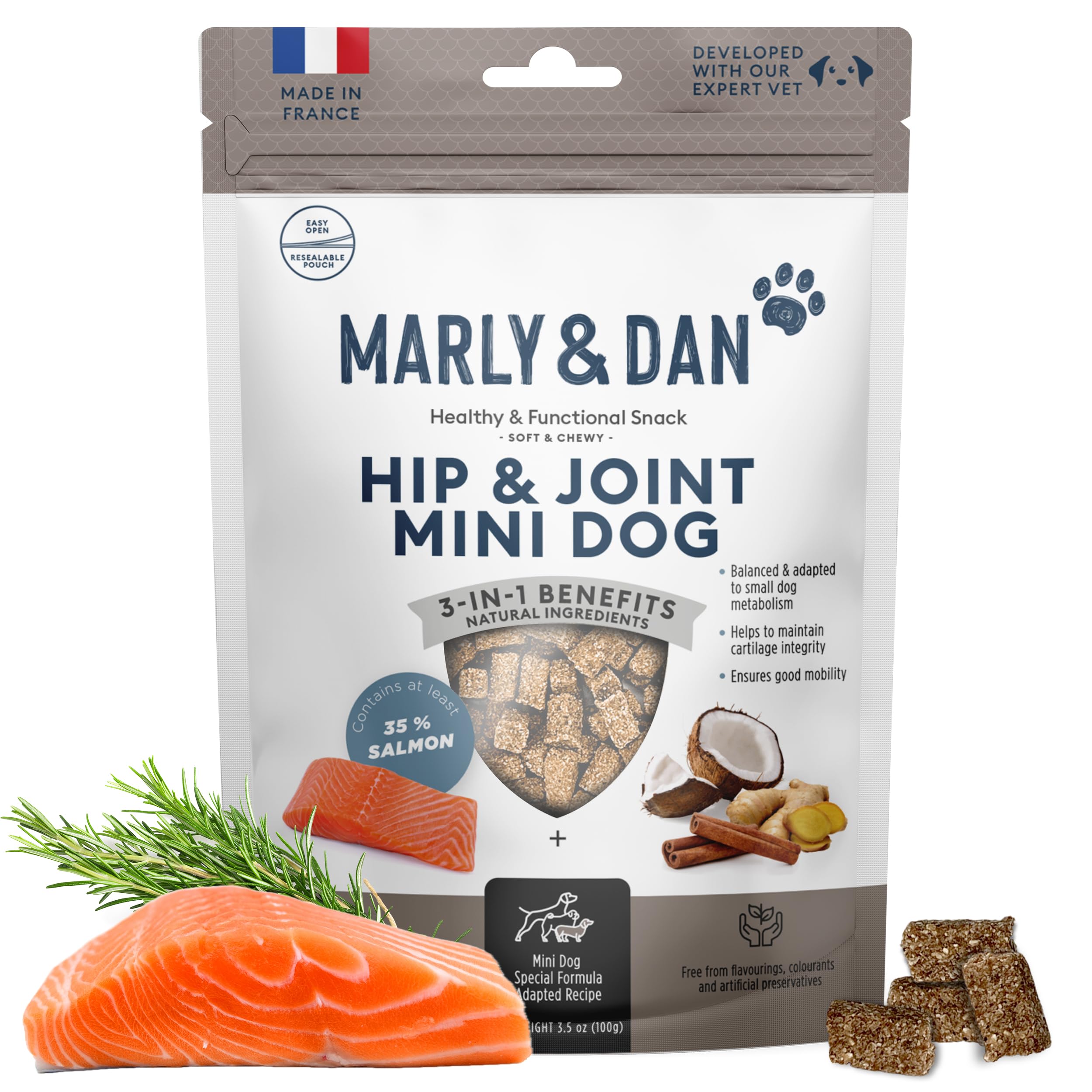 Marly & Dan Small Breed Hip & Joint Healthy Mobility Mini Dog Treats for Small Dogs, Made in France with Salmon, Sweet Potato, Glucosamine and Chondroitin, 3.5 oz