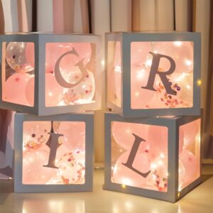 Uptotop Baby Shower Balloon Box Decorations, 4 Pcs Baby Blocks Transparent Balloon Boxes with A-E Letters, Fairy String Lights and 36 Pcs Latex Balloons for Decor, Pink