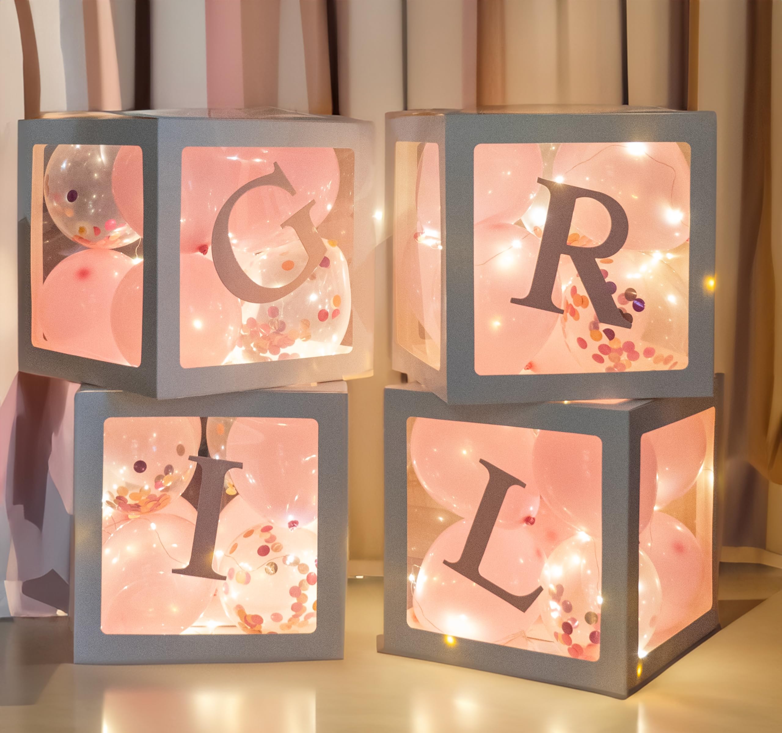 Uptotop Baby Shower Balloon Box Decorations, 4 Pcs Baby Blocks Transparent Balloon Boxes with A-E Letters, Fairy String Lights and 36 Pcs Latex Balloons for Decor, Pink