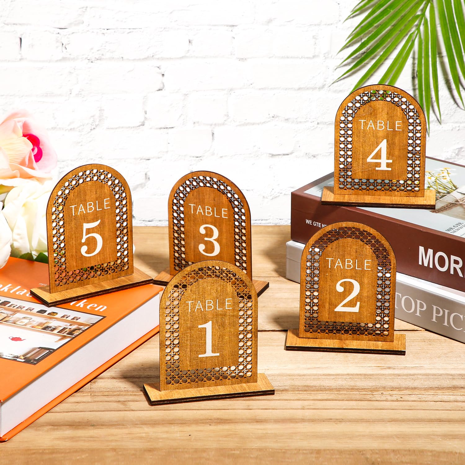 20pcs Wooden Table Numbers, Rattan Arch Table Numbers 1-20 Wedding Reception Table Numbers with Stands for Wedding Banquet Restaurant Party Decor