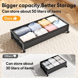 Under Bed Storage Containers with Wheels 2 Pack Underbed Shoe Storage Bedroom Storage Bins Organizer Large Capacity Under Bed Storage with Lid for Clothes Shoes Toys Blankets (Black)