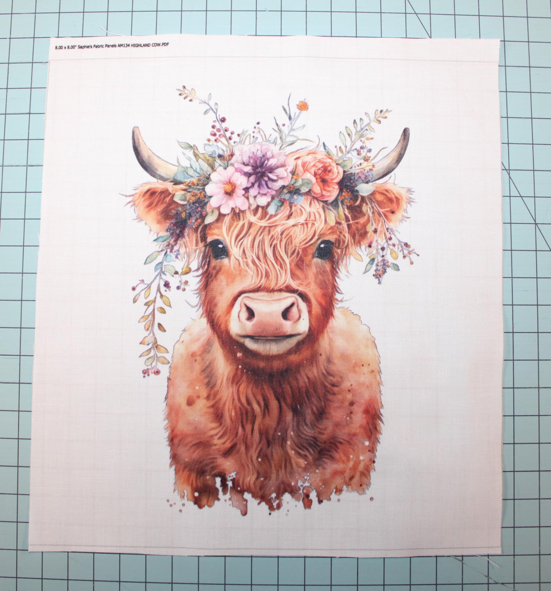 Fabric Panel 8"x8" Spring Highland Cow 100% Cotton Quilting Panel Square AM134