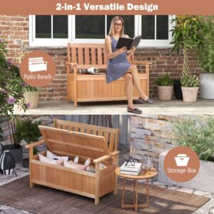 Tangkula 48 Inch Patio Storage Bench, Wood Storage Loveseat with 34.2 Gal Inner Space, Entryway Large Deck Box w/Slatted Backrest, Wooden Storage Seat for Backyard, Garden