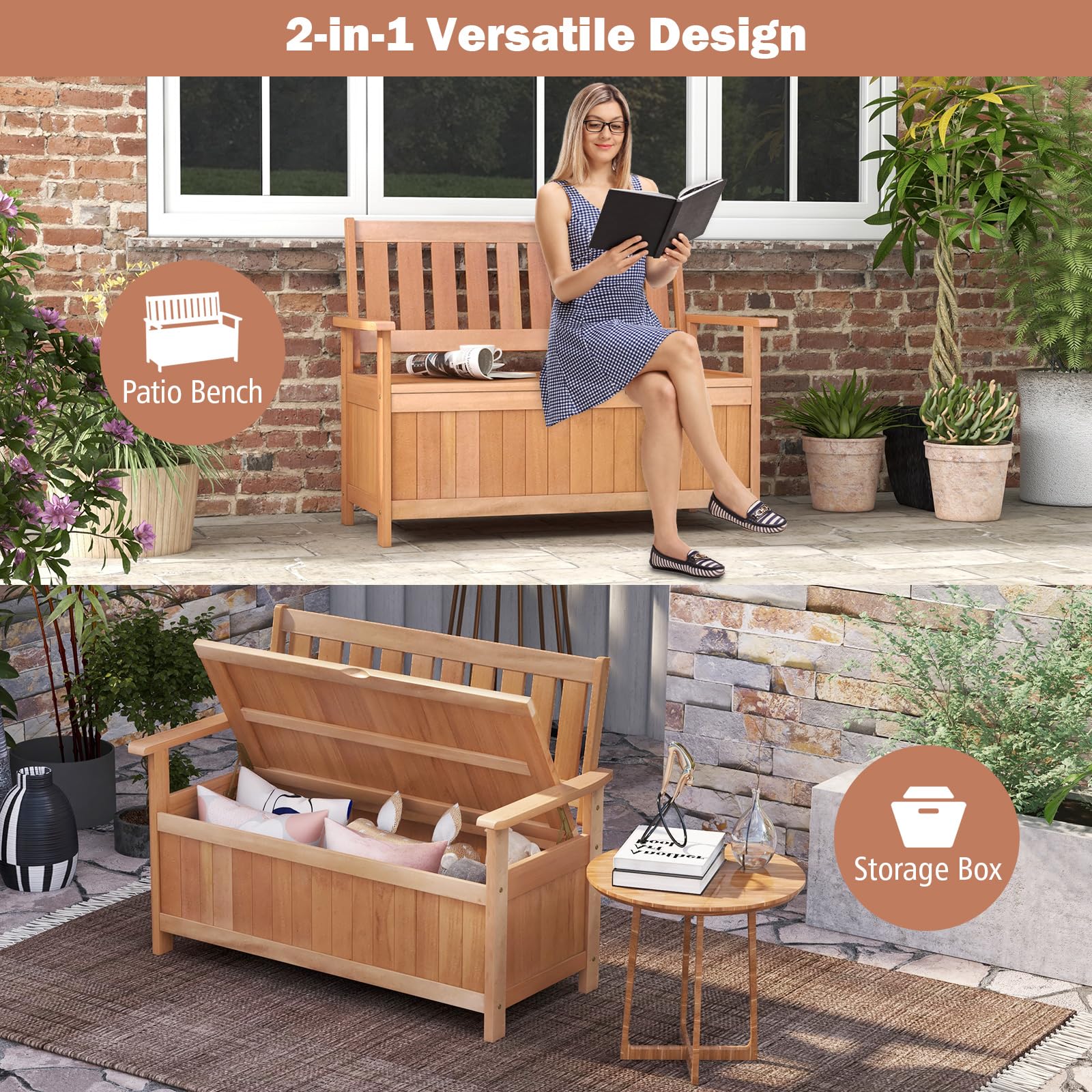 Tangkula 48 Inch Patio Storage Bench, Wood Storage Loveseat with 34.2 Gal Inner Space, Entryway Large Deck Box w/Slatted Backrest, Wooden Storage Seat for Backyard, Garden