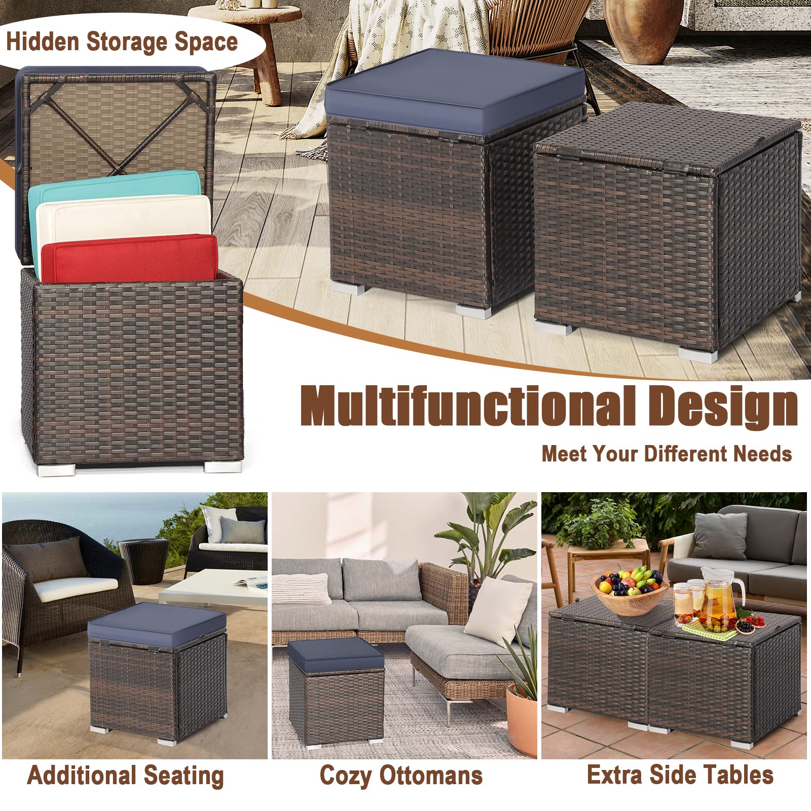 DORTALA 2 Pieces Patio Wicker Ottomans, Outdoor PE Rattan Side Table with Storage Cabinet, Cushions, Foot Rest for Couch, Chair, Navy Blue