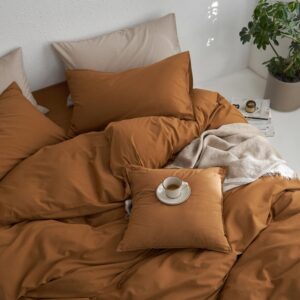 MooMee Bedding Duvet Cover Set 100% Washed Cotton Twill Thick Sturdy Material Super Soft Breathable Durable Casual Look Luxurious Feel (Dark Orange, Queen)