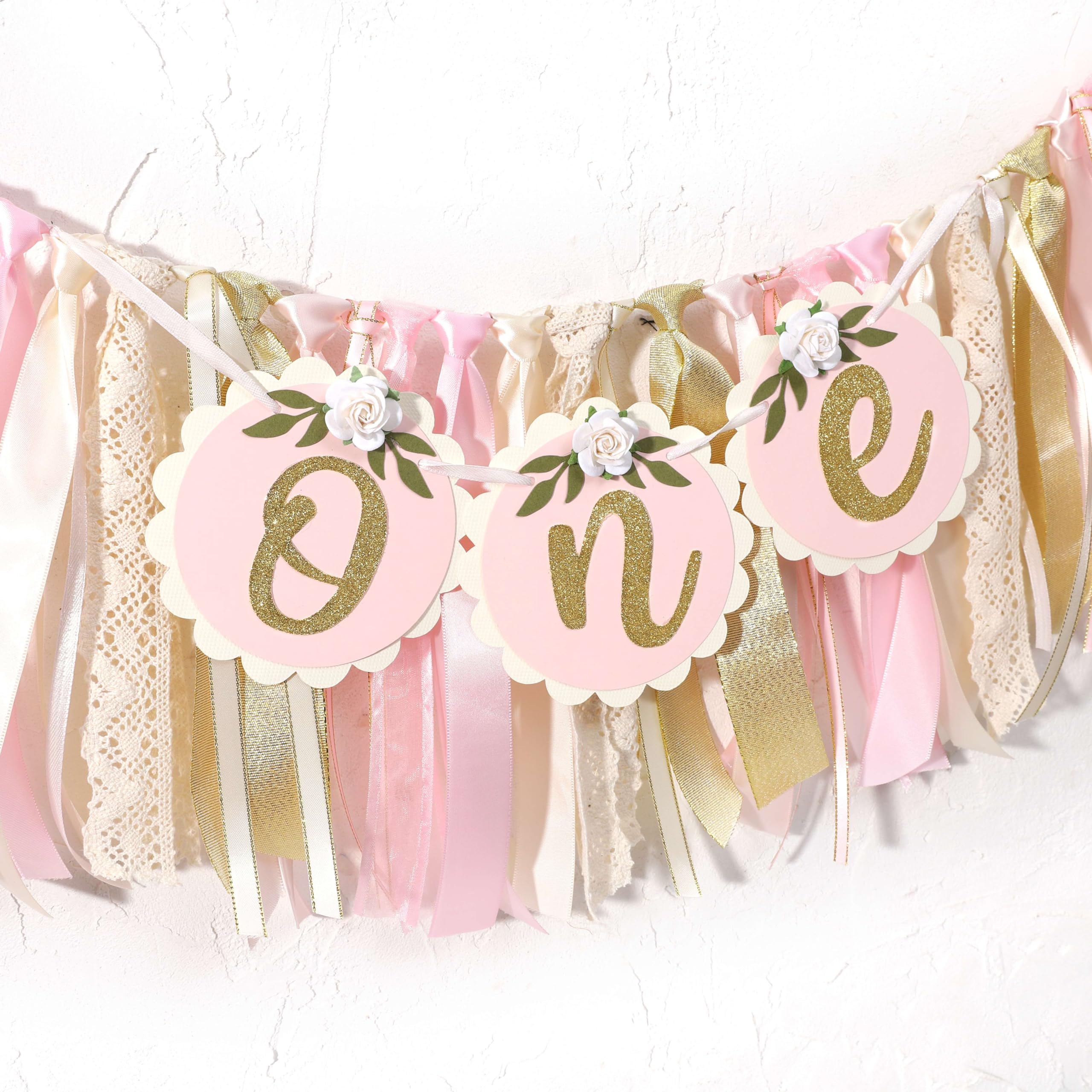 Pink Golden Floral High Chair Banner - Rose 1st Birthday Highchair Banner, Girls’ 1st Birthday Decoration, Pink First Birthday Decor, One High Chair Banner, 1st Birthday Party Decorations for Girls,