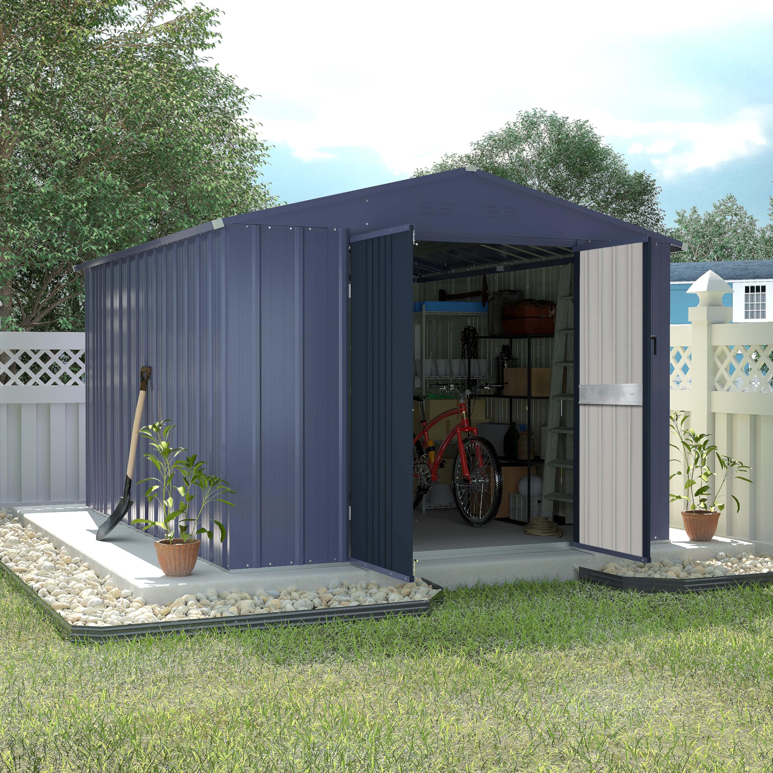 VEIKOU 8 x 10FT Storage Shed with Thickened Galvanized Steel, Outdoor Storage Shed with Lockable Door & Air Vents, Garden Tool Metal Shed for Patio Garage Yard, Grey