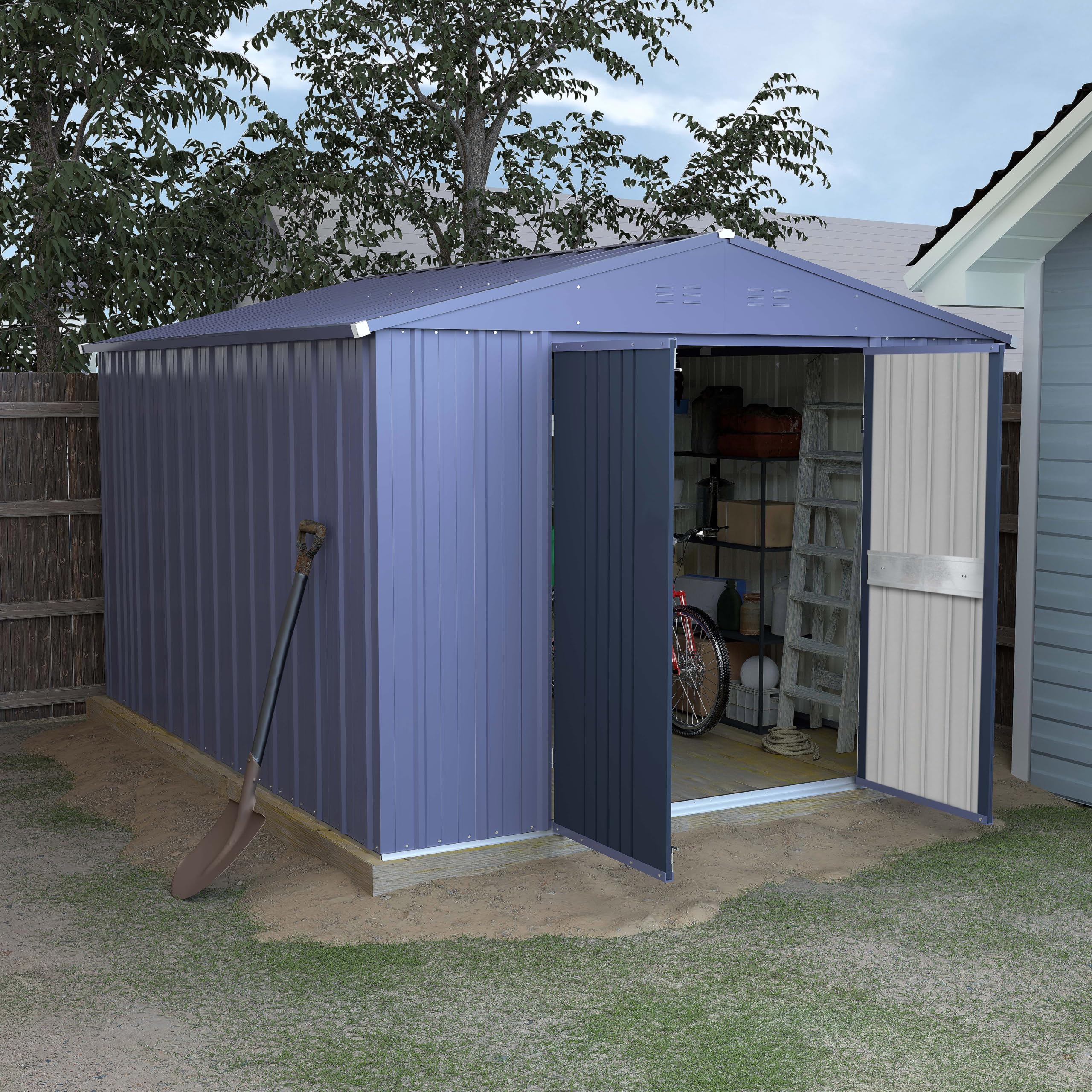 VEIKOU 8 x 10FT Storage Shed with Thickened Galvanized Steel, Outdoor Storage Shed with Lockable Door & Air Vents, Garden Tool Metal Shed for Patio Garage Yard, Grey