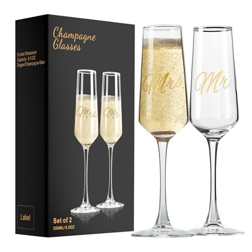 PARACITY Mr and Mrs Wedding Champagne Flutes Set of 2, Bride and Groom Champagne Glasses, Bridal Shower Gifts, Engagement Gift, 8.5oz/250ml