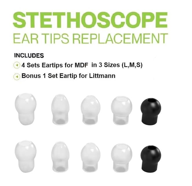 5 Pairs 3 Sizes(S/M/L) MDF Stethoscope Ear Tip Pieces Earplug Replacement Parts, Soft Silicone Prestige ADC Stethoscope Eartip Earbuds Spare Part, Bonus 2Pcs Ear Bud Cover for Littmann Stethoscope