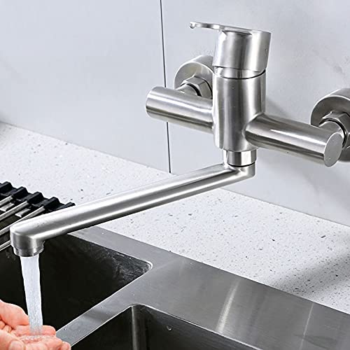 Kitchen Sink Faucet for Bar Farmhouse Commercial, Wall Mounted Hot Cold Kitchen Faucet, 2 Hole Stainless Steel Brushed Bath Tub Faucet with Long Pipe (Silver)