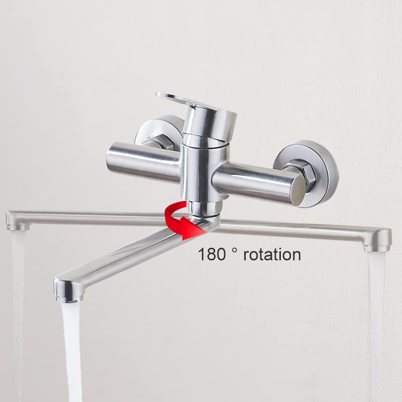 Kitchen Sink Faucet for Bar Farmhouse Commercial, Wall Mounted Hot Cold Kitchen Faucet, 2 Hole Stainless Steel Brushed Bath Tub Faucet with Long Pipe (Silver)