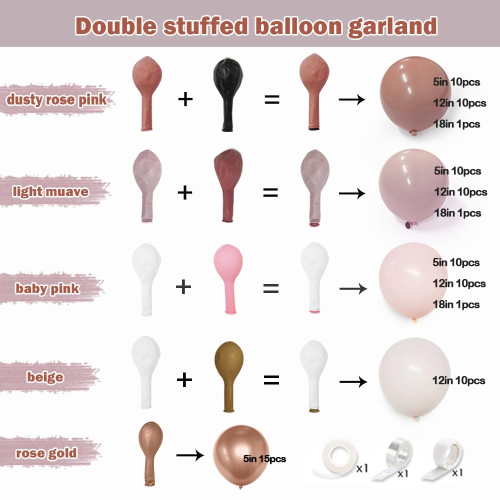 Dusty Pink Balloon Garland Double Stuffed Dusty Rose Mauve Light Pink Matte Balloon Boho Blush Nude Balloon Arch Kit for Baby Shower Birthday Bridal Wedding Party Decoration