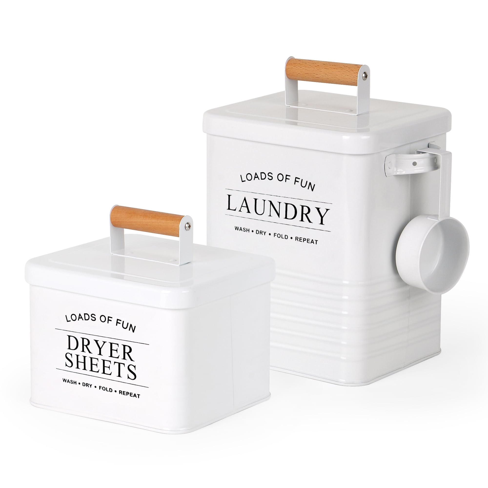 Candco 2 Pcs Farmhouse Laundry Pods Container with Dryer Sheet Holder, Metal Laundry Room Organization and Storage with Scoop, Laundry Detergent Container Laundry Room Decor