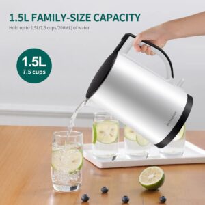 Hot Water Kettle Electric, 1.5 Liter 1000W Instant Kettle for Fast Boil Hot Water with Stainless Steel Double Wall White Electric Water Kettle