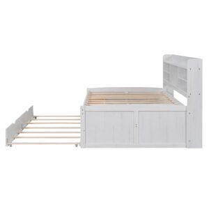 Harper & Bright Designs Full Size Daybed with Trundle and 3 Storage Drawers, Full Captains Bed with Built-in Bookshelves for Girls Boys,Wooden Daybed with Trundle Bed Twin,White Wash