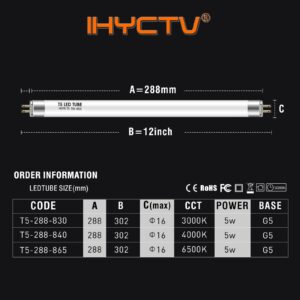 IHYCTV F8T5 LED T5 12 Inch G5 5W 685lm 3000K Plug & Play F8T5WW LED Replacement for Fluorescent Tubes, Warm White, Pack of 1