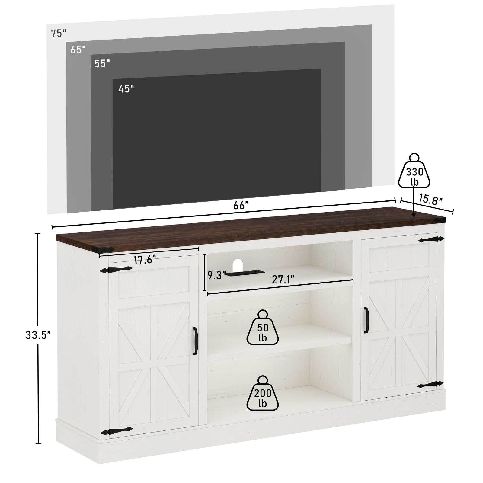 Hlivelood 66" Farmhouse TV Stand with Power Outlets for 75 65 Inch TVs, 33" Tall Entertainment Center with Storage Cabinets w/Adjustable Shelves, Rustic Large TV Media Console for Living Room, White