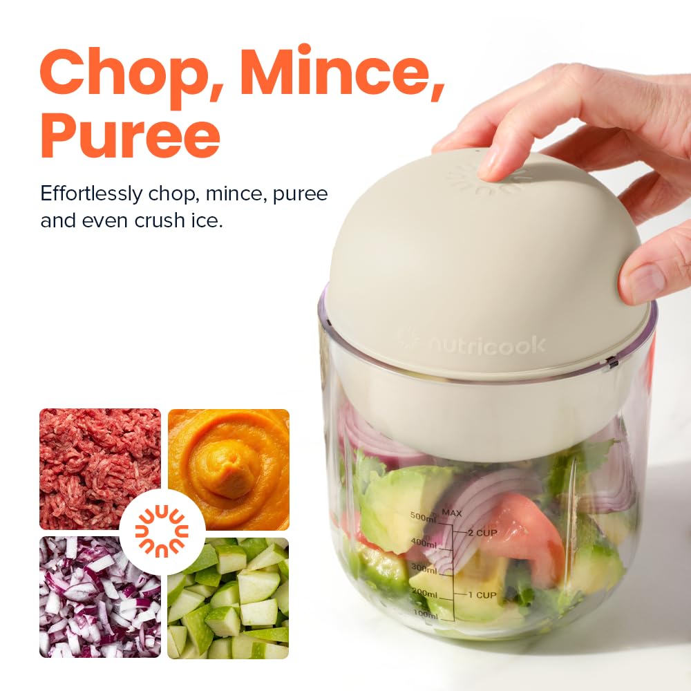 Nutricook Choppi Cordless Electric Vegetable Chopper & Mini Food Processor for Dicing, Shredding, Mincing, and Puree, Portable and Rechargeable, 2-Cup, 500 mL, 4000 mAh Battery, Desert Sand