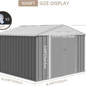 10x8 FT Outdoor Metal Storage Shed, Steel Utility Shed Storage, Metal Shed Outdoor Storage with Lockable Door Design with Sloped Roof for Patio, Garden, Backyard, Outdoor Use, Gray