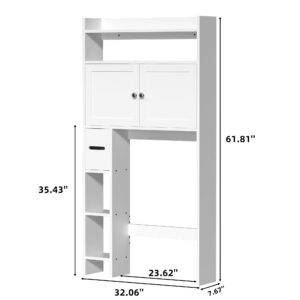 MU Over The Toilet Storage Cabinet with Doors, 32" Bathroom Storage Organizer with Side Shelves, Space-Saving Toilet Storage Rack for Bathroom, Laundry (White)