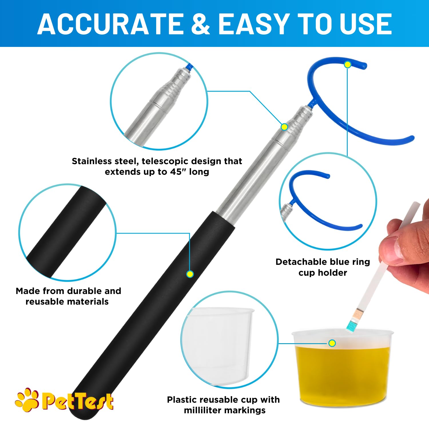 PetTest i-Catch Telescoping Dog Urine Catcher - 45-inch Extendable Dog Pee Stick Collector and Telescopic Pole Handle for Small and Large Breeds - Includes a Reusable Cup with Milliliter Markings