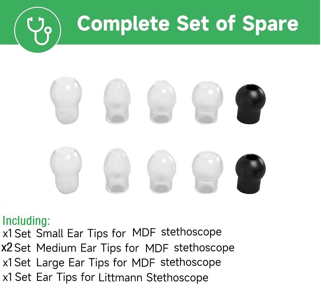 5 Pairs 3 Sizes(S/M/L) MDF Stethoscope Ear Tip Pieces Earplug Replacement Parts, Soft Silicone Prestige ADC Stethoscope Eartip Earbuds Spare Part, Bonus 2Pcs Ear Bud Cover for Littmann Stethoscope