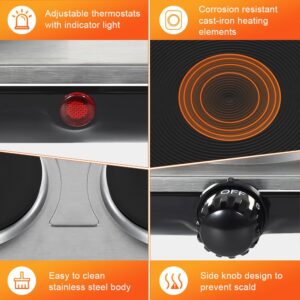 Uten Countertop Double Cast Iron Burner, 2000 Watts Electric Hot Plate, 5 level Temperature Controls, Power Indicator Lights, Easy to Clean, Black