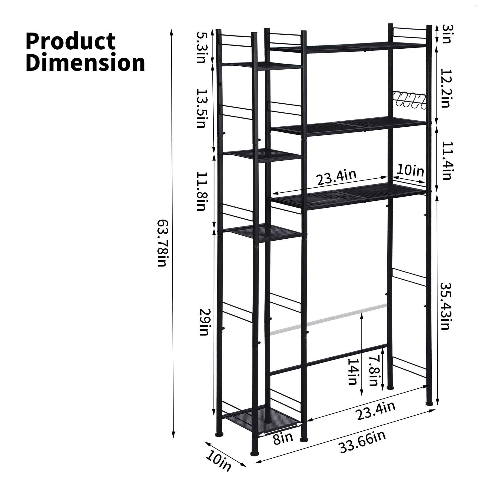 HYCFYJR Over The Toilet Storage with 7 Shelf, Metal Bathroom Shelves Over Toilet, Bathroom Organizer Storage with Side Storage Open Rack, Over Toilet Storage Rack for Bathroom Storage, Black